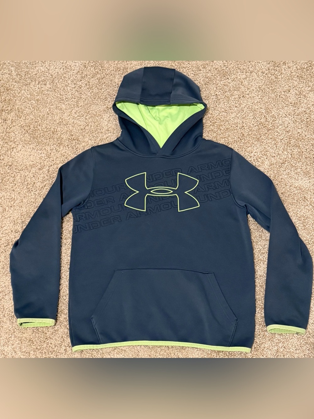 Under Armour ColdGear Boys Pullover Hoodie Navy/Green Long Sleeve Pockets YLG